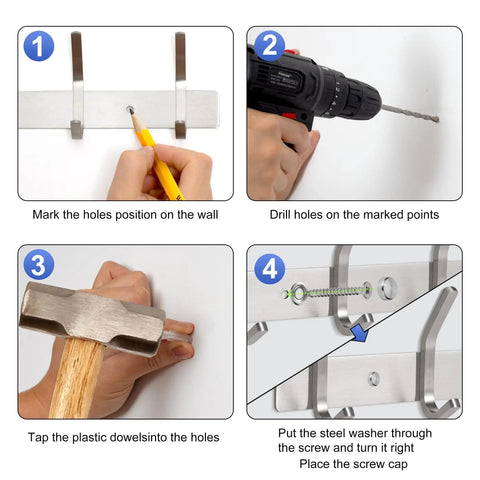 Installation steps for sturdy stainless steel wall mount coat rack set with heavy duty hooks for hats towels robes jackets clothes