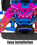 Close-up of pink Pro Grade Aluminum Front And Rear Full Metal Shocks with Shock Tower Upgrade Kit installed on RC vehicle frame.