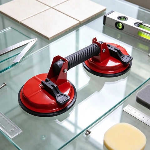 Heavy Duty Vacuum Suction Cups Badass Dual Claw Glass Tile Lifter on glass surface with tools and tile samples.