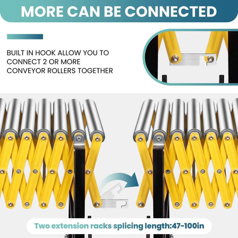 Heavy Duty 1000 Lbs Adjustable Roller Conveyor Table with stainless steel rollers and built-in hooks for connecting. 25 inches wide.