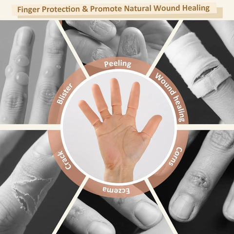 Diagram showcasing gel finger protectors for dry skin, cracked fingertips, and eczema relief benefits.