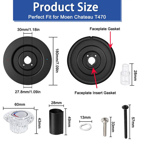 Upgrade Your Drip-Free Bath With This Sleek Matte Black Shower Trim Kit Made For Moen Chateau T470 Single Handle Faucets For A Fresh New Look That Totally Slays In Any Home. product size diagram, 180mm faceplate, acrylic knob and screws