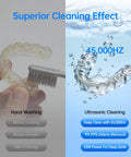 Comparison of hand washing a retainer vs. Go-To Ultrasonic Retainer Cleaner Pod With 45KHz Deep Cleaning in water.