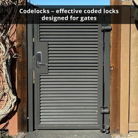 Heavy Duty Mechanical Gate Lock Kit With Keyless Entry And Mortise Latch For High Traffic Metal Fences Brushed Finish Ansi Grade Two Certified Includes All Hardware For A No Hassle Setup on gate