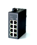 Front view of 8 Port Industrial Unmanaged Ethernet Switch 10 100 Mbps with DIN Rail or Wall Mount UL Listed Fanless IP30.