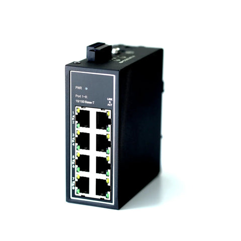 Front view of 8 Port Industrial Unmanaged Ethernet Switch 10 100 Mbps with DIN Rail or Wall Mount UL Listed Fanless IP30.