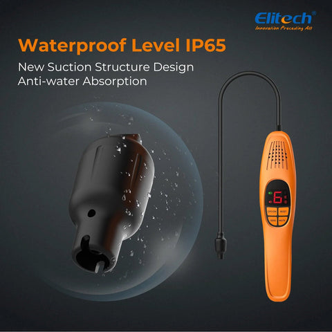 Elitech refrigerant leak detector handheld orange unit with probe and display (front view)