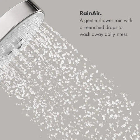 Close-up of 5 Inch Handheld Shower Head With Rain Air Balance Air And Whirl Air Modes, water flowing from no-clog channels.