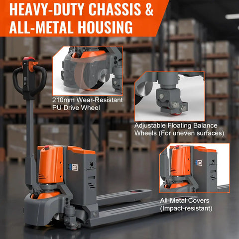 Heavy Duty Electric Pallet Jack Truck With 3300 Lb Capacity And Lithium Ion Battery features a heavy-duty chassis and all-metal housing.