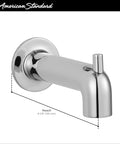 Studio S Slip On Diverter Tub Spout in Brushed Nickel, 6 Inch Spout Center, all metal construction side view with dimensions