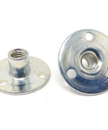 Top Shelf Round Base Weld Nuts With 10-32 Threads And Tough Zinc Coating, showing front and back view with 3/4-inch base.
