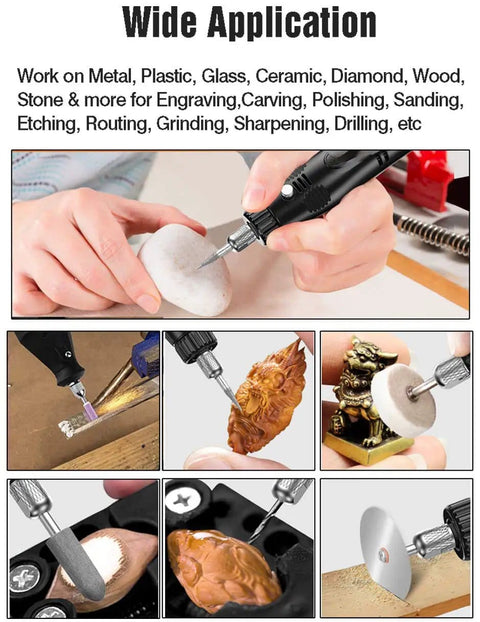 Totally Versatile 108 Piece Engraving Tool Kit in use on various materials, showcasing electric corded micro engraver etching pen for crafting.