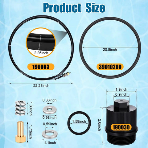 Product sizes for Pool Filter Repair Kit For Pentair Fns Plus including O-rings, clamp, valve, nuts, and caps with dimensions.