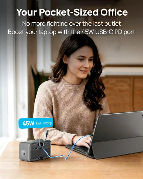 Slick Pocket Sized Portable Power Station With Resilient LiFePO4 Cell And 100 Watt Output, person using laptop with power station.