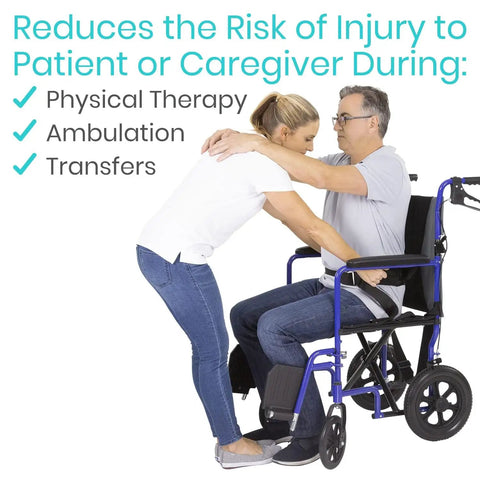 Caregiver using Gait Belt With 7 Padded Grab Handles For Safe Patient Lifts And Easy Transfers 350 Lb Capacity with wheelchair user