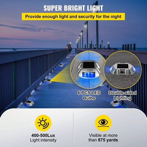 24 Pack Solar Driveway Lights With Switch Button, Bright Blue LEDs illuminating dock pathway at night, double-sided lighting.