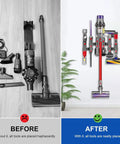 Before and after of Two Pack Docking Station Wall Mount Storage Brackets For V7 Through V15 Outsize Cordless Stick Vacuums usage.