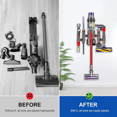 Before and after of Two Pack Docking Station Wall Mount Storage Brackets For V7 Through V15 Outsize Cordless Stick Vacuums usage.