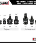 Impact U Joint And Adapter Set For One Quarter, Three Eighths, And One Half Inch Drives With Two Adapters And Two Reducers displayed