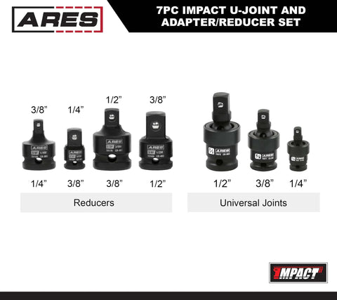 Impact U Joint And Adapter Set For One Quarter, Three Eighths, And One Half Inch Drives With Two Adapters And Two Reducers displayed