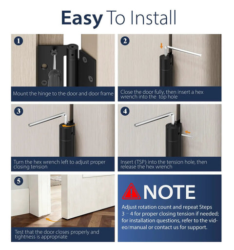 Installation guide for 3 Pack Self-Closing Door Hinges, 4.5 Inch Spring Hinges With Adjustable Tension, Square Corner, Black UL Listed
