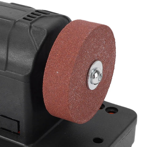 Close-up of Luocute Mini Bench Grinder with dual polish wheel for grinding and sharpening tools, highlighting adjustable RPM feature.