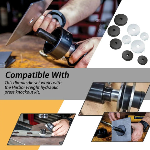 Dimple Die Set With Steel Backing Discs For Harbor Freight Hydraulic Punch Driver Kit Includes 1.115, 1.362, 1.687, 1.937, 2.375 Inch Dies in use