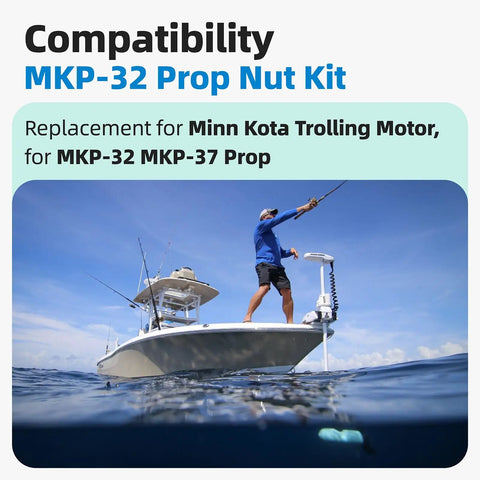 Angler using boat with MKP-32 prop nut kit, compatible with Minn Kota trolling motors, visible in action on water