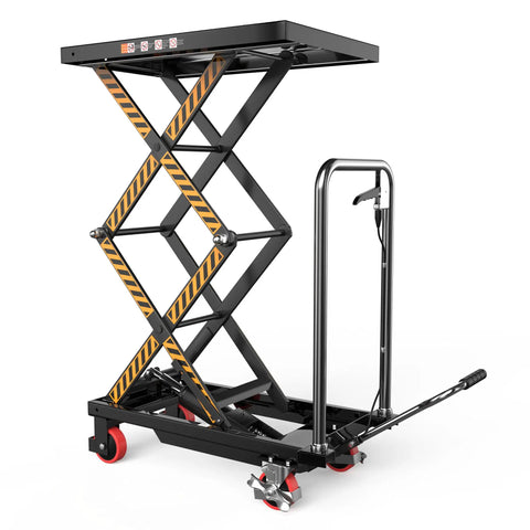 Top Shelf Hydraulic Lift Table Cart Rated For 330 Pound Loads showing adjustable height platform and dual scissor mechanism.