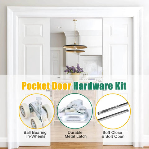 Front view of Pocket Door Hardware Kit With Soft Close And Soft Open, Smooth Sliding 72 Inch Door Rail Set, Top Mounted System.