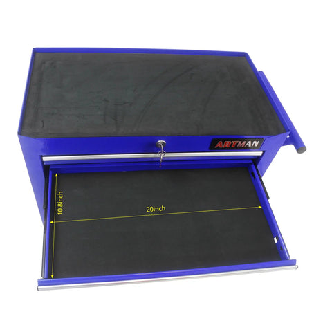 Open drawer of blue Rolling Tool Chest With Seven Drawers On Wheels Heavy Duty Steel Tool Cabinet showcasing interior dimensions.