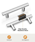 Five Pack Polished Chrome Round T Bar Cabinet Pulls, 4 Inch Total Length, stainless steel, shown with rust proof and anti-fingerprint features.