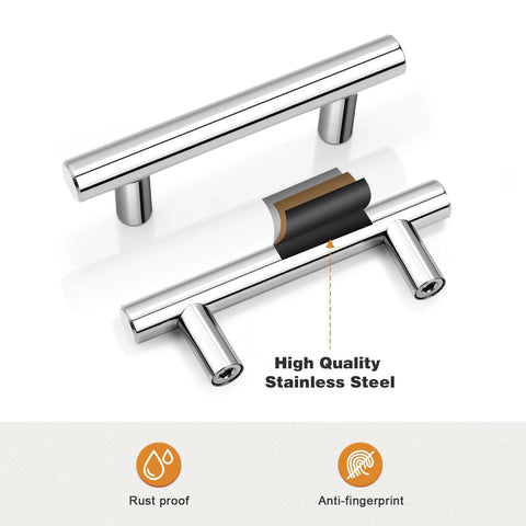 Five Pack Polished Chrome Round T Bar Cabinet Pulls, 4 Inch Total Length, stainless steel, shown with rust proof and anti-fingerprint features.