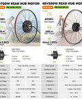 Comparison of 48V750W and 48V500W rear hub motor kits with specifications and images of wheels, highlighting speed and torque differences.