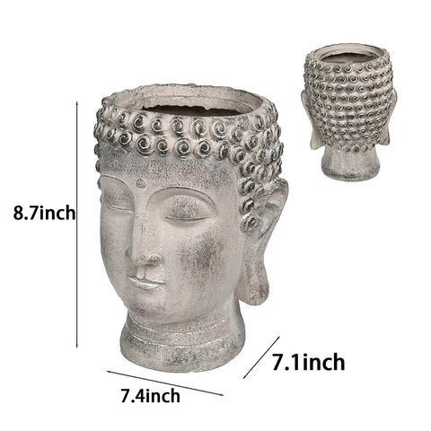 Chill Buddha Head Planter with Stone Look Finish, 8.7x7.4x7.1 inches, face planter garden statue for succulents, antique patina