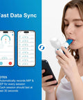 Digital Lung Trainer With App And Bluetooth, 6 Level Inhale Resistance, shown being used by a person while checking data sync on phone