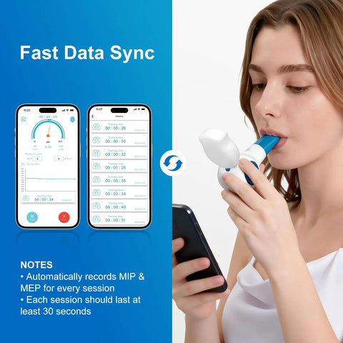 Digital Lung Trainer With App And Bluetooth, 6 Level Inhale Resistance, shown being used by a person while checking data sync on phone