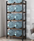5 Tier Rustic Solid Wood Bookshelf With Industrial Metal Frame used for storing large water bottles