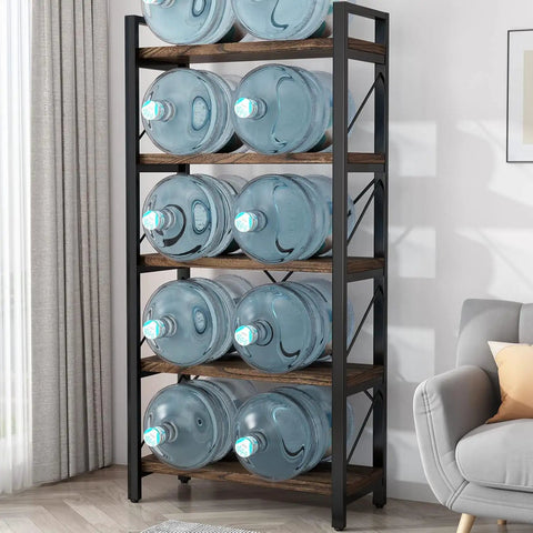 5 Tier Rustic Solid Wood Bookshelf With Industrial Metal Frame used for storing large water bottles