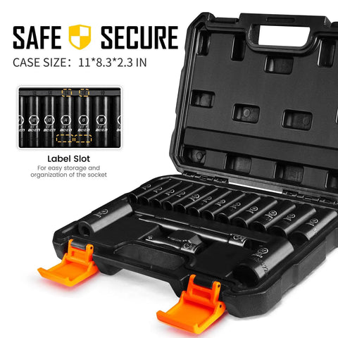 Open storage case of Three Eighths Inch Drive Deep Impact Socket Set Kit With 16 Piece Metric Sockets 7 To 22mm Including 3 Inch And 6 Inch Extension Bars 6 Point Design Chrome Vanadium Steel.