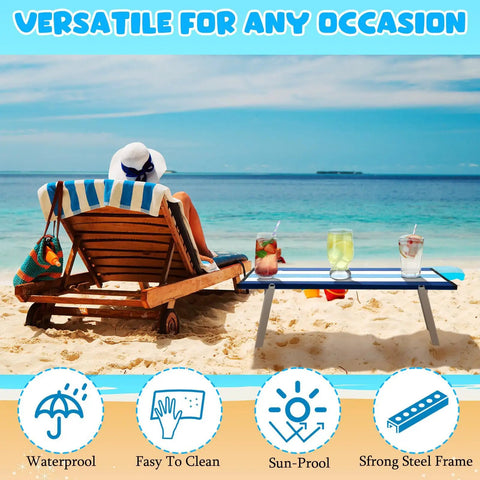 Foldable Beach Table For Picnics And Camping, Portable Aluminum Side Table With Carry Bag, Compact 16x11x5 Inches, Navy Striped Design