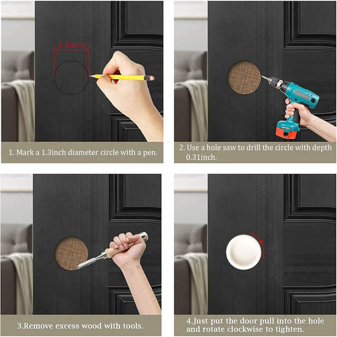 Installation steps for 4 Pack Plastic Round Sliding Door Finger Pulls For Closets And Cabinets, with hole marking and drilling.