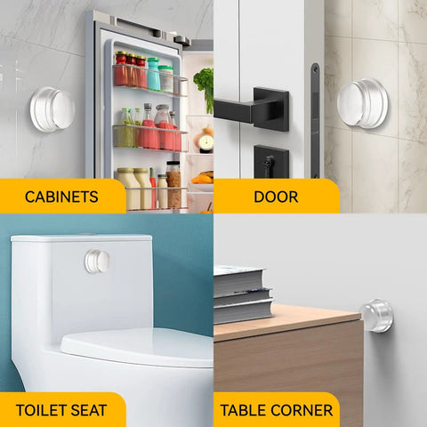Heavy Duty Clear Silicone Door Stoppers Built Like A Tank With Solid One Inch Base on door, cabinet, toilet seat, and table corner.