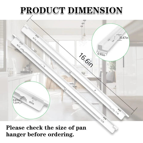 Left and Right Refrigerator Pan Hanger Replacement dimensions showing easy fit drawer slide support rails for Frigidaire Kenmore.
