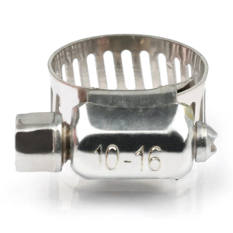 Stainless steel hose clamp, front view, adjustable 10-16 mm