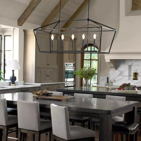Black Farmhouse Chandelier With Five Lights For Kitchen Island And Dining Room Industrial Height Adjustable Hanging Pendant Lights Metal E12 Rustic Fixture For Dining Area No Bulbs Included Industrial Chic Vibe over dining table in modern kitchen