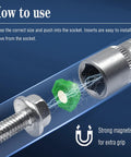 Magnetic Socket Insert Adapter Set 21 Piece With Hex Profile for securing nuts and bolts, illustration of magnetism in use