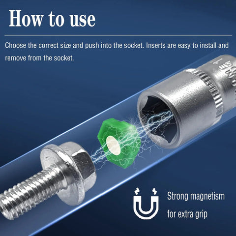 Magnetic Socket Insert Adapter Set 21 Piece With Hex Profile for securing nuts and bolts, illustration of magnetism in use