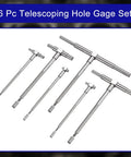 Angled view of six-piece stainless steel telescoping bore gauge set with knurled handles, 5/16–6 in range.