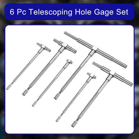 Angled view of six-piece stainless steel telescoping bore gauge set with knurled handles, 5/16–6 in range.